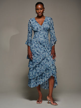 Mesh Ruffle Sleeve Tiered Midaxi Dress, Blue Floral