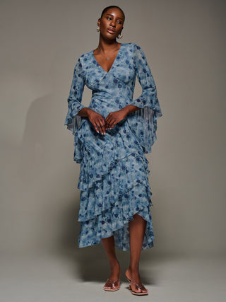 Mesh Ruffle Sleeve Tiered Midaxi Dress, Blue Floral