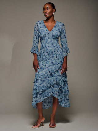 Mesh Ruffle Sleeve Tiered Midaxi Dress, Blue Floral