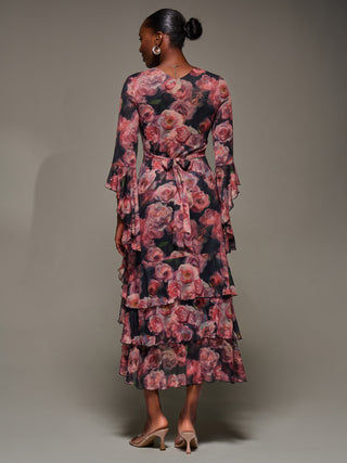Mesh Ruffle Sleeve Tiered Midaxi Dress, Red Floral