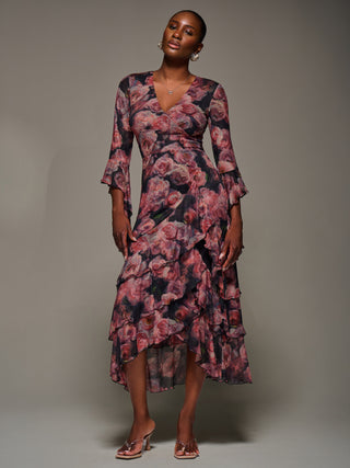 Mesh Ruffle Sleeve Tiered Midaxi Dress, Red Floral