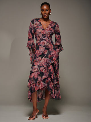 Mesh Ruffle Sleeve Tiered Midaxi Dress, Red Floral