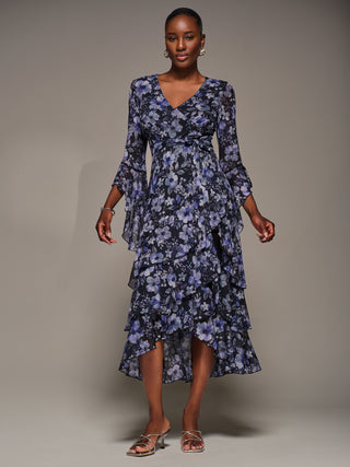 Ruffle Sleeve Tiered Mesh Midaxi Dress, Black Floral