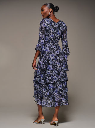 Ruffle Sleeve Tiered Mesh Midaxi Dress, Black Floral