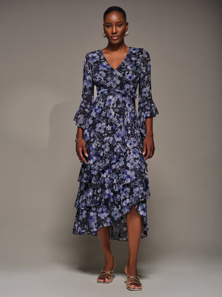 Ruffle Sleeve Tiered Mesh Midaxi Dress, Black Floral