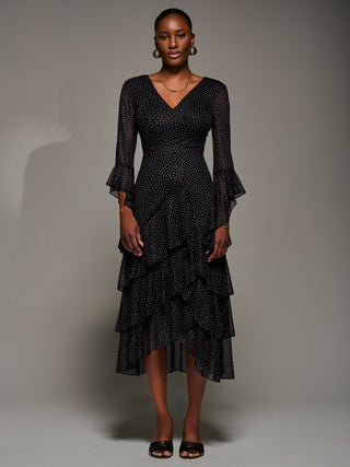 Ruffle Sleeve Tiered Mesh Midaxi Dress, Black Spot