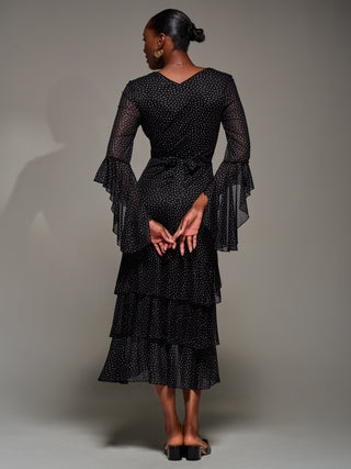 Ruffle Sleeve Tiered Mesh Midaxi Dress, Black Spot