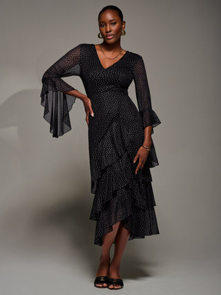 Ruffle Sleeve Tiered Mesh Midaxi Dress, Black Spot