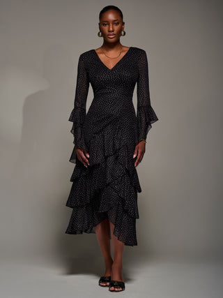 Ruffle Sleeve Tiered Mesh Midaxi Dress, Black Spot