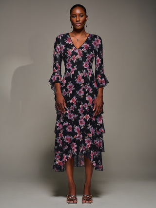 Ruffle Sleeve Tiered Mesh Midaxi Dress, Navy Floral