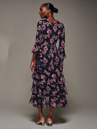 Ruffle Sleeve Tiered Mesh Midaxi Dress, Navy Floral