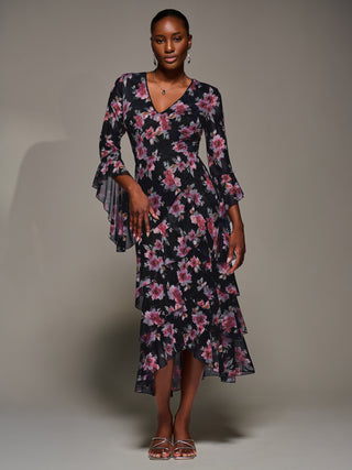 Ruffle Sleeve Tiered Mesh Midaxi Dress, Navy Floral