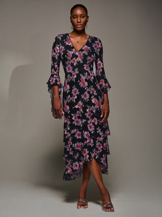 Ruffle Sleeve Tiered Mesh Midaxi Dress, Navy Floral