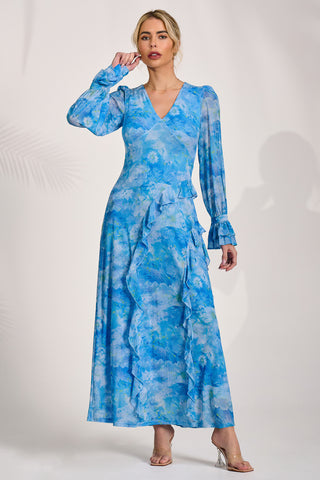 Long Sleeve Ruffle Mesh Maxi Dress, Blue Abstract