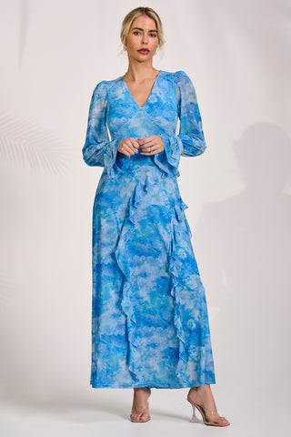 Long Sleeve Ruffle Mesh Maxi Dress, Blue Abstract