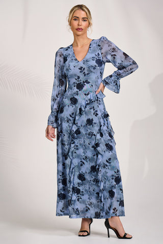 Long Sleeve Ruffle Mesh Maxi Dress, Blue Floral