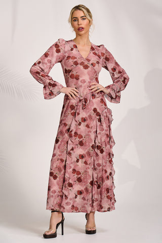 Long Sleeve Ruffle Mesh Maxi Dress, Pink Floral