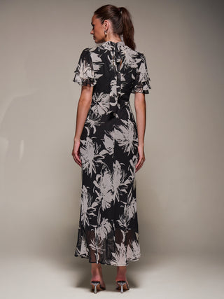 High Neck Angel Sleeve Chiffon Maxi Dress, Black Abstract