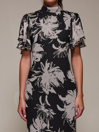 High Neck Angel Sleeve Chiffon Maxi Dress, Black Abstract