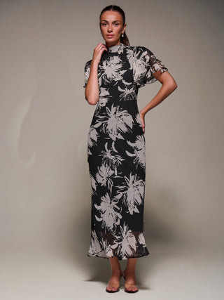 High Neck Angel Sleeve Chiffon Maxi Dress, Black Abstract