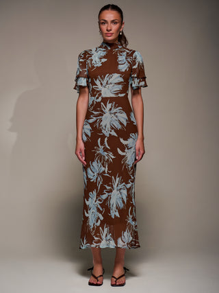 High Neck Angel Sleeve Chiffon Maxi Dress, Brown Abstract