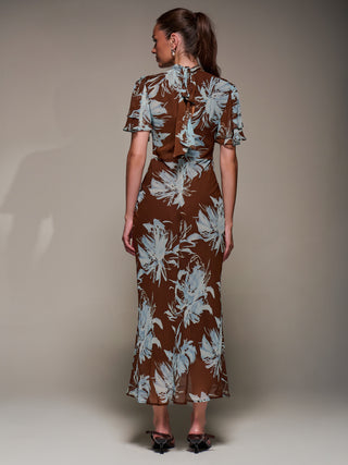 High Neck Angel Sleeve Chiffon Maxi Dress, Brown Abstract