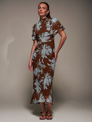 High Neck Angel Sleeve Chiffon Maxi Dress, Brown Abstract