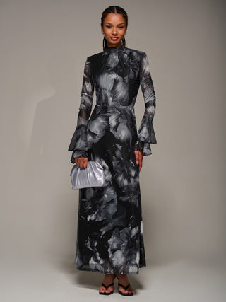 Ruffle Long Sleeve Mesh Maxi Dress, Black Abstract