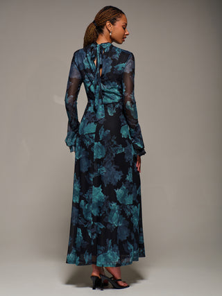 Ruffle Long Sleeve Mesh Maxi Dress, Blue Abstract