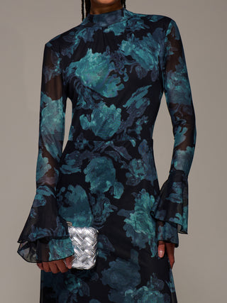 Ruffle Long Sleeve Mesh Maxi Dress, Blue Abstract