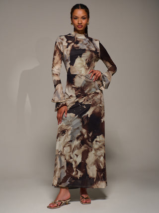 Ruffle Long Sleeve Mesh Maxi Dress, Brown Abstract