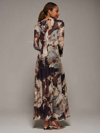 Ruffle Long Sleeve Mesh Maxi Dress, Brown Abstract