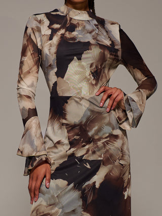 Ruffle Long Sleeve Mesh Maxi Dress, Brown Abstract