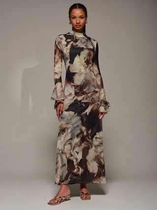 Ruffle Long Sleeve Mesh Maxi Dress, Brown Abstract