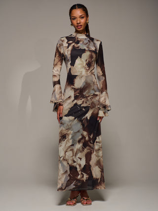 Ruffle Long Sleeve Mesh Maxi Dress, Brown Abstract