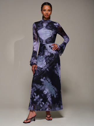 Ruffle Long Sleeve Mesh Maxi Dress, Purple Abstract