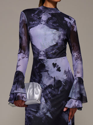 Ruffle Long Sleeve Mesh Maxi Dress, Purple Abstract