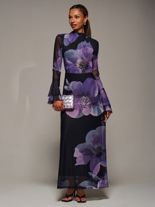 Ruffle Long Sleeve Mesh Maxi Dress, Purple Floral