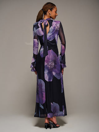 Ruffle Long Sleeve Mesh Maxi Dress, Purple Floral