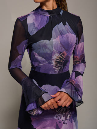 Ruffle Long Sleeve Mesh Maxi Dress, Purple Floral