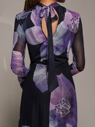Ruffle Long Sleeve Mesh Maxi Dress, Purple Floral
