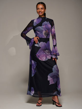 Ruffle Long Sleeve Mesh Maxi Dress, Purple Floral