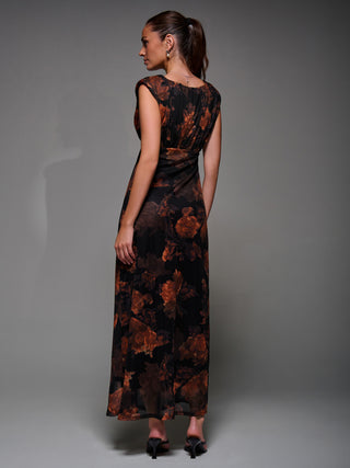 Slash Neck Fit & Flare Mesh Maxi Dress, Amber Abstract