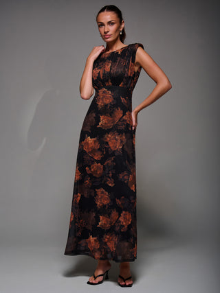 Slash Neck Fit & Flare Mesh Maxi Dress, Amber Abstract
