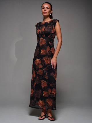 Slash Neck Fit & Flare Mesh Maxi Dress, Amber Abstract