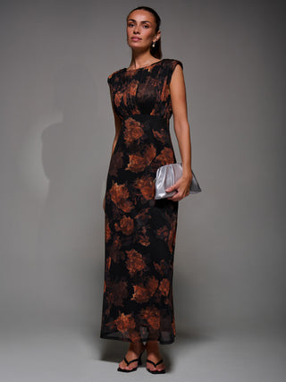 Slash Neck Fit & Flare Mesh Maxi Dress, Amber Abstract