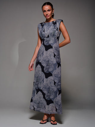 Slash Neck Fit & Flare Mesh Maxi Dress, Black Abstract