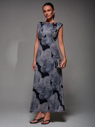 Slash Neck Fit & Flare Mesh Maxi Dress, Black Abstract