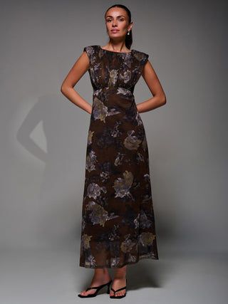 Slash Neck Fit & Flare Mesh Maxi Dress, Brown Abstract
