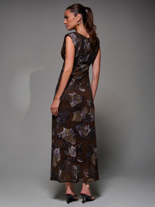 Slash Neck Fit & Flare Mesh Maxi Dress, Brown Abstract